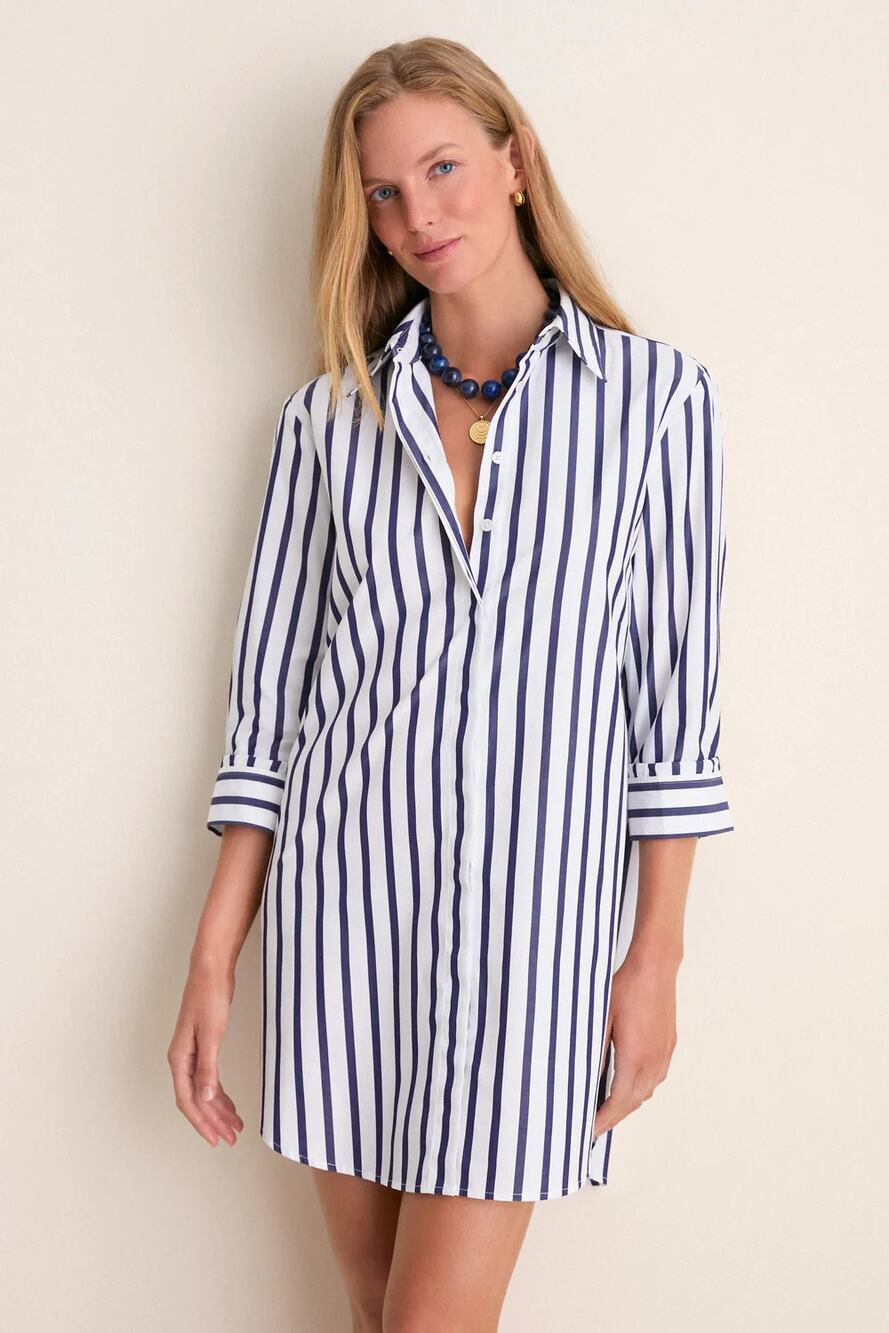 NWT Tuckernuck Carlotta Stripe Long Sleeve Mini Shirt Dress Blue White Women Med